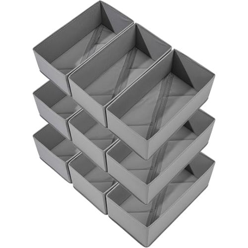 Bructhun Sock Drawer Organizer 9 Pack - Collapsible Fabric Storage Bins for Underwear Divider, Small Closet Organizers with 9 Compartments, Gray