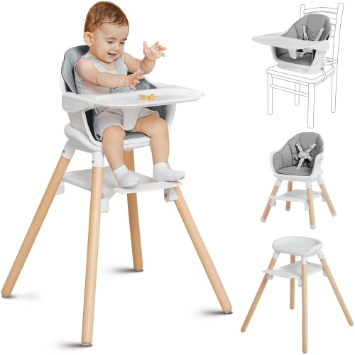 Wooden Baby High Chair, 11 in 1 Convertible Chair for High Chair, Booster Seat, Toddler Chair, for 2 Babies Use Together, Double Tray Highchair with 5-Point Harness & Clean Easily PU Cushion (White)