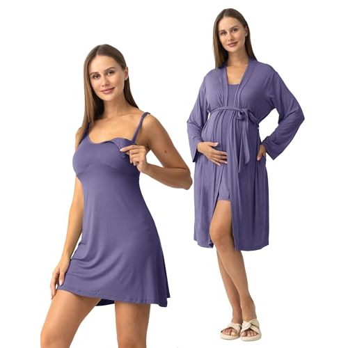 SUNNYBUY Women's Nursing Nightgown Maternity Robe Set, 3 in 1 Labor Delivery Breastfeeding Dress Postpartum Sleepwear