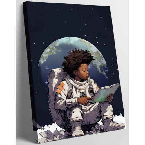 Black Boy Reading The Moon Canvas Wall Art African Americans Painting Picture Wall Decor Inspirational Books For Black Boys Poster Print Artwork For Teen Living Room Study Home Decoration 12x16in