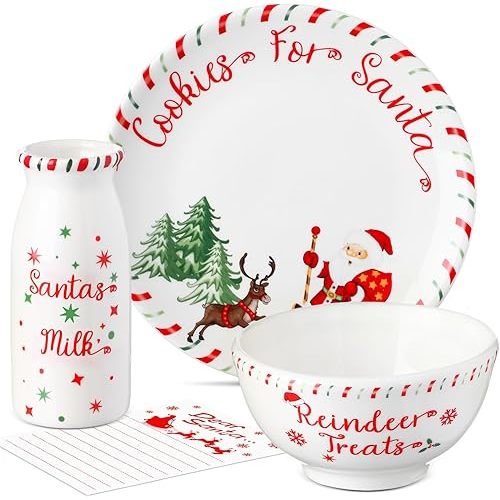 Nitial Christmas Cookies for Santa Plate Christmas Dinnerware Set Cookies for Santa Plate Set with Milk Jar, Reindeer Treat Bowl, and Dear Notepad Eve Gift for Kids(Trees)