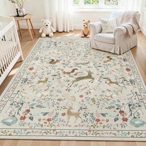 5x7 Area Rugs Washable Rug: Boho Living Room Rug Soft Non-Slip Low Pile Carpet Indoor Floor Non-Shedding Neutral Floral Carpets for Bedroom Dining Room Farmhouse Nursery Beige Animal
