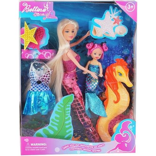 BETTINA 12'' Mermaid Princess Doll with 3'' Mermaid & Seahorse Play Gift Set | Mermaid Toys with Accessories and Doll Clothes for Little Girls (Pink)