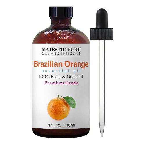 Majestic Pure Brazilian Orange Essential Oil with Glass Dropper - Huge 4 Fl Oz - 100% Pure and Natural Br Orange Oil - Premium Grade Essential Oils for Diffuser, Aromatherapy, Soap and Candle Making