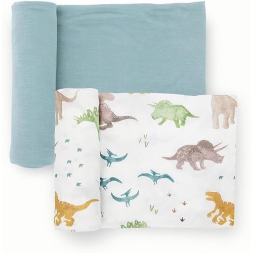 Little Unicorn Large Stretch Knit Swaddle Blanket 2 Pack| Super Soft with Optimal Stretch for swaddling | Giftable Set (Dino Pals)