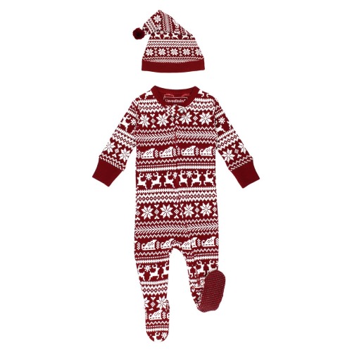 Holiday Print Fitted One-Piece Organic Cotton Footie Pajamas & Hat Set, 6-9M