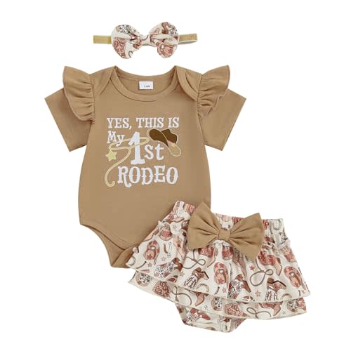 DNOMAID YZARC Newborn Baby Girl Western Outfit My First Rodeo Short Sleeve Ruffle Romper Skirt Headband Set Summer Clothes