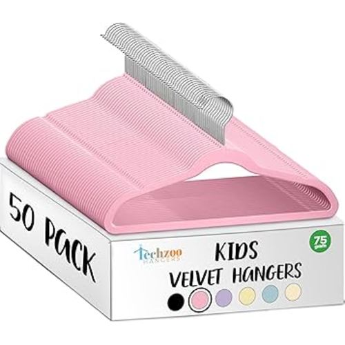 50 Premium Kids Velvet Hangers - 14" Non-Slip Clothes Hangers for Kids & Preteens - Ultra Slim, Space-Saving, Strong & Durable Hangers with 360° Swivel Hook - Pink