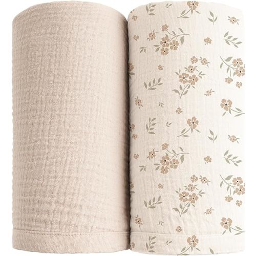 Konssy Muslin Swaddle Blankets for Girls Boys 2 Pack, 100% Cotton Receiving Baby Blanket Large 47 x 47 inches, Soft Breathable Swaddling Wrap for Unisex Newborn (Blossom,Cream)
