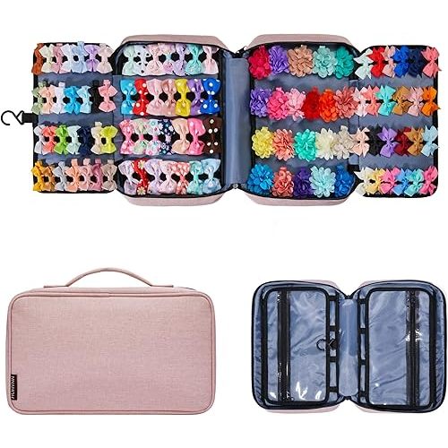 Hair Accessories Organizer for Girls, Hair Accessories Storage Bag, Hair Bow Storage Organaizer for Girls with Multi-Compartments, Baby Hair Accessories Organizer for Travel (Pink)
