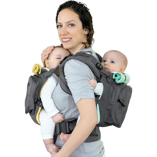 TwinGo Carrier Original – Tandem Twin Baby Carrier – Ergonomic for Infants & Toddlers – Babywearing for Dads & Moms – Adjustable Design with XL Storage Pockets – Cool Grey