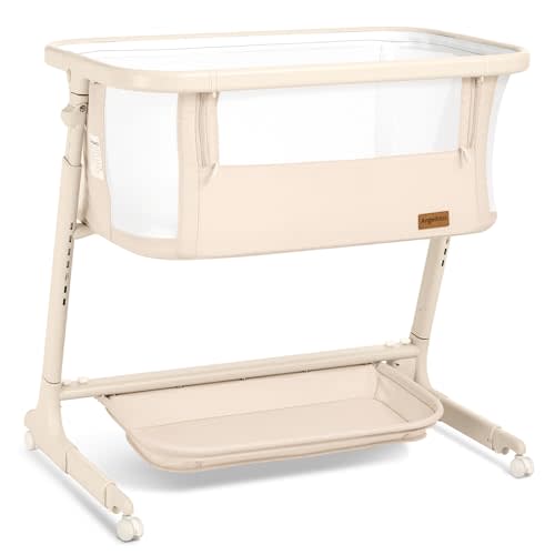 Electric Baby Bassinet Bedside Sleeper with Auto Rocking, Remote/Touch Control, 3 Timer Modes, 12 Sounds, 6 Heights, Storage & Wheels (Beige)