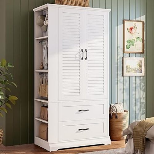 IRONCK Armoire Wardrobe Closet, 70.87" H Wooden Bedroom Armoire with 2 Louvered Doors, 2 Drawers and Shelves, Large Freestanding Clothing Storage Cabinet, White