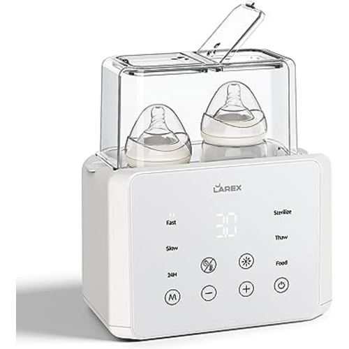LAREX Double Bottle Warmer, 11-in-1 Fast Baby Bottle Warmer for Breastmilk and Formula, with Timer, Fits 2 Bottles, Accurate Temp Control, Milk Warmer with Thaw, Steri-lizing, Keep Warm, Heat Food