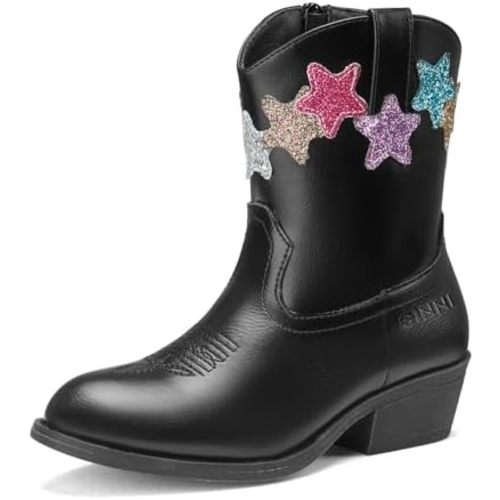 GINNI Toddler Cowboy Boots Cowgirl Boots for Girls Little Kids Western Booties with Side Zipper Round Toe Horse Riding Shoes with Glitter Stars for Party Birthday