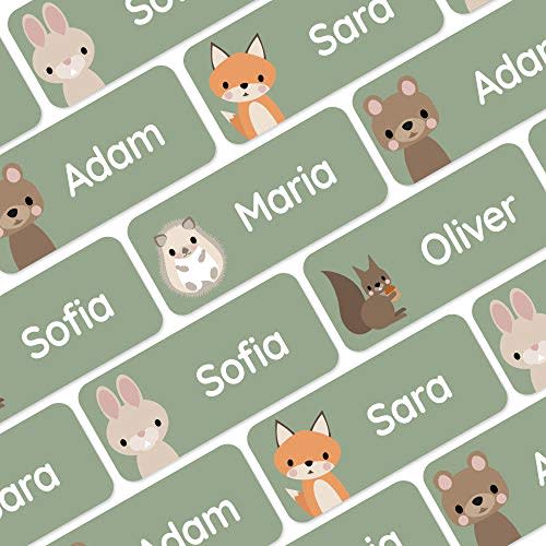 Teddylabels - 120 Personalized Name Labels (1.2 x 0.5) to use on Clothes and Gear. Waterproof and self-Adhesive Labels for Everyone  Toddlers, School Kids, and Parents - Forest Animals - Green