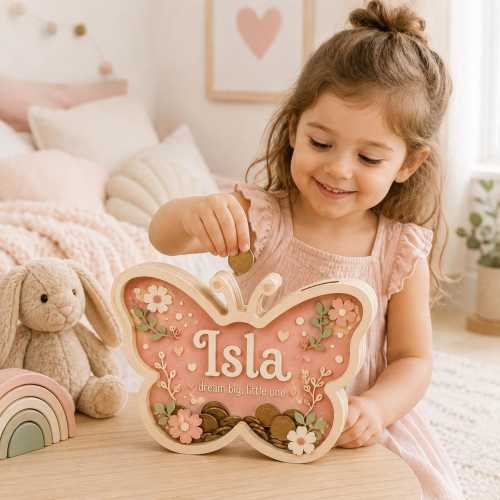 Personalized Butterfly Piggy Bank, Custom Wooden Piggy Bank for Girl, Floral Nursery Decor, Unique Kids Money Box, First Birthday