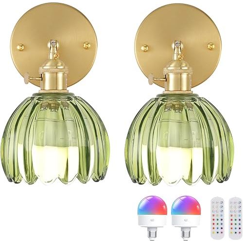 Vintage Battery Operated Wall Sconce with Green Tulip Glass Lampshade 5000 mAh Rechargeable Battery Powered Wall Light with Remote Control for Bedside Bedroom Doorway, Set of 2
