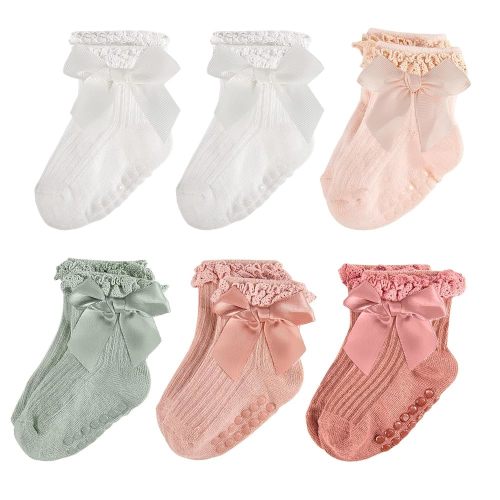 Baby Girl Non Slip Socks with Bow - Soft Cotton Grip Socks for Newborn to Toddler with Anti-Skid Dots
