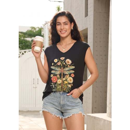 Vintage Dragonfly Floral V Neck Nursing Tank Top