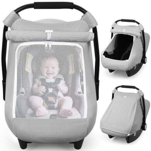Rquite Car Seat Cover Baby, Carseat Covers Girl Boy, Breathable Muslin Cotton, Large Mesh Window, Infant Car Seat Canopy Baby Carrier Cover Stroller Sun Shade for Summer & Hot Day, Grey,Grey
