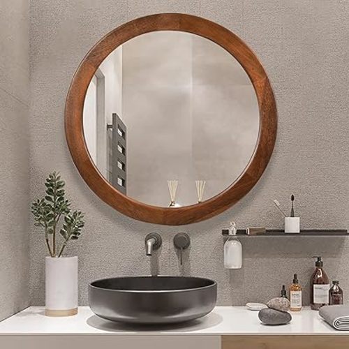 CULER Round Wood Mirror 24 Inch,Circle Mirror with Walnut Frame for Wall,Rustic Decorative Round Wall Mirror for Bathroom Bedroom Entryway（Walnut Brown）