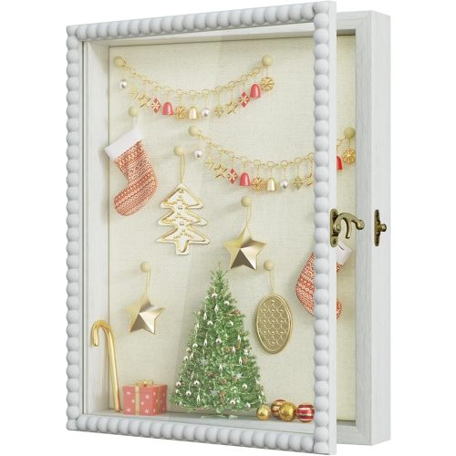 Love-KANKEI Shadow Box Frame 11x14, Deep Large Shadow Box Display Case with Unique Beads Door and Glass Window, Wood Memory Box for Pictures,Medals,Memorabilia,Collections White