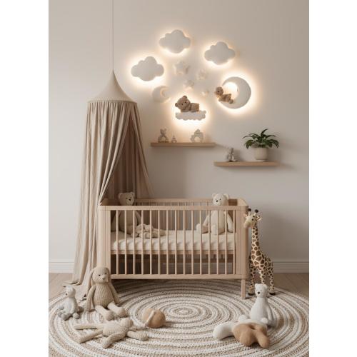 Handmade Bouclé Nursery Wall Decor: Teddy Bear, Moon, Stars LED Light