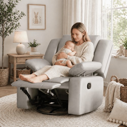 LAZZO Recliner Chair with Adjustable Armrest and Headrest, Upholstered Swivel Rocking Chair for Nursery & Living Room, Gray