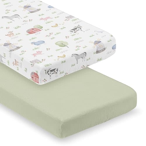Sweet Jojo Designs 2-Piece Muslin Crib Sheets (Farm Animals) for Baby Girls/Boys, Infant Nursery, Toddler Room - Standard Size 100% Cotton Sheet Set (Solid Sage, Farmhouse Barn Animal Horse Cow Sheep)