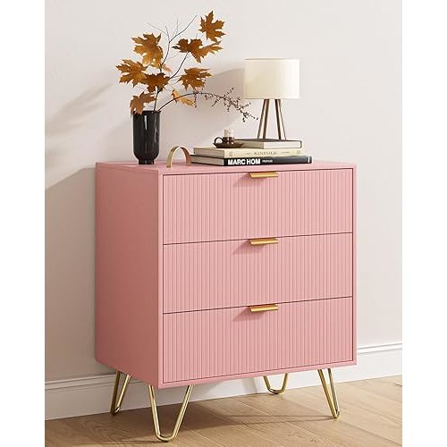 Pink Fluted 3 Drawer Dresser for Bedroom, Modern Storage Bedroom Dresser Chest Cabinet Organizer with Anti-Tip Hardware for Living Room, Dressing Room, Kids Room, Office