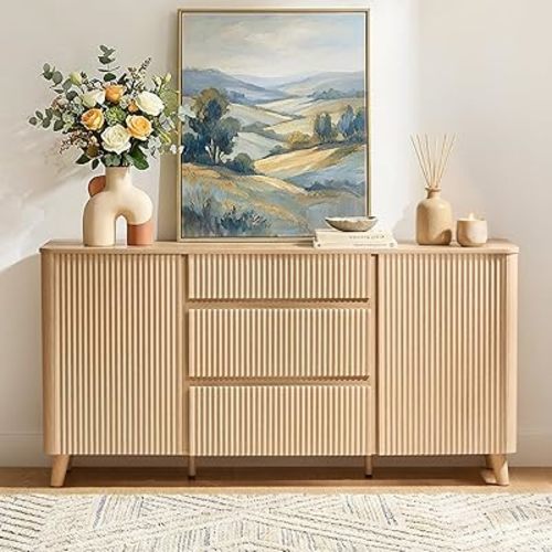 CHITA 62" Sideboard Buffet Cabinet with Storage, Fluted Cabinet with Drawers, Natural Oak