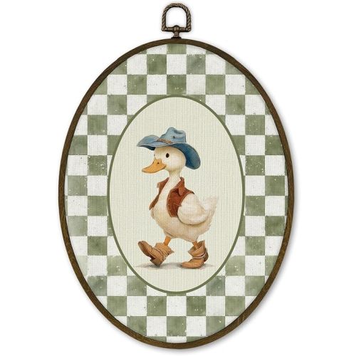cvjutf Western Cowboy Duck Goose Nursery Wall Art Decor Framed, Vingtage Baby Boy Nursery Oval Wall Decor, Green Checkered Neutral Canvas Prints Art for Kids Boy Nursery Room Bedroom, 8.7x11.3 Inch