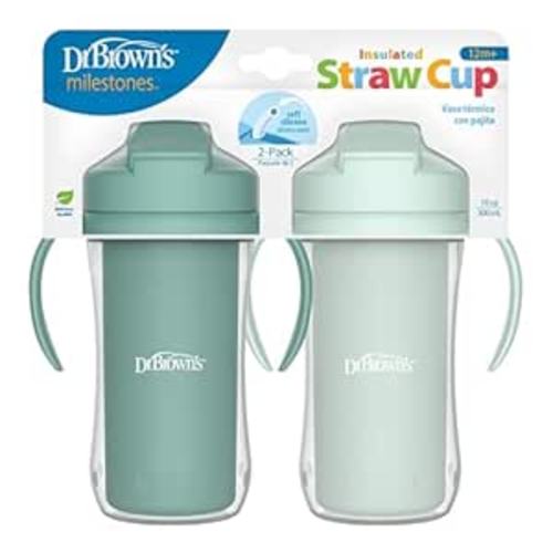 Dr. Brown's Milestones Insulated Sippy Cup with Straw and Handles, Spill-Proof Tumbler with Lid, 2-Pack, Green, 10 oz/300 mL, BPA Free, 12m+