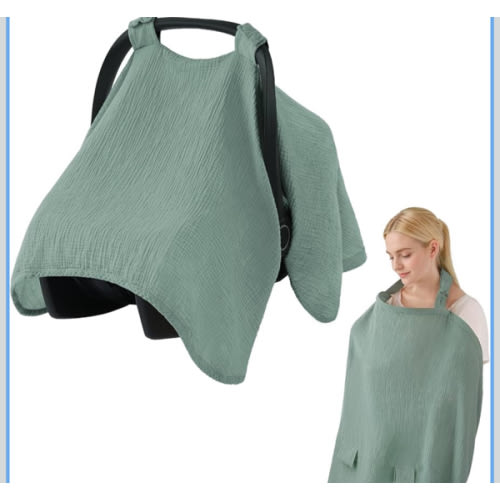 Blissful Diary 2-in-1 Muslin Baby Car Seat Cover, Multi-use Nursing Cover for Breastfeeding, Breathable Infant Car Seat Cover Canopy - Roman Green