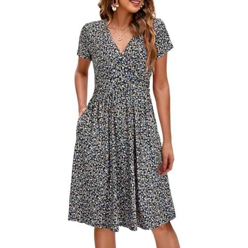 OUGES Maternity Nursing Dress Breastfeeding Short Sleeve V Neck Casual Pregnancy Clothes with Pockets