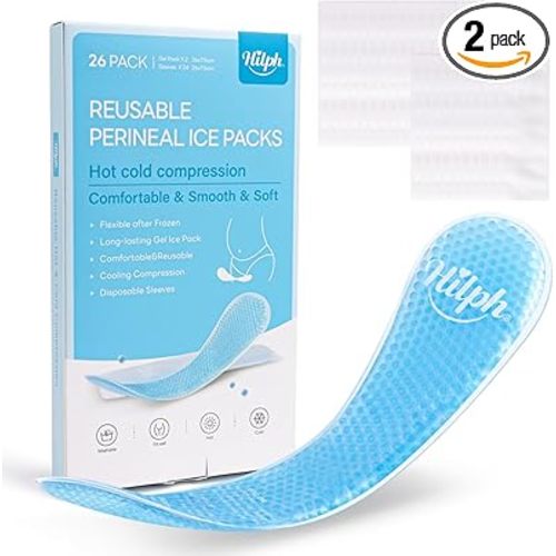 Hilph Perineal Ice Packs for Postpartum Hemorrhoid Pain Relief, Reusable 2 Perineal Cooling Pads with 24Pcs Disposable Sleeves for Women After Pregnancy and Delivery, Essentials Postpartum Care
