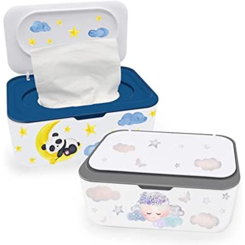 2Pcs Baby Wipes Dispenser, Diaper Wipe Holder with Lid, Refillable Wipes Case Container with Sealing Design, Flushable Wipes Pouch Case Storage Box for Bathroom, Keeps Wipes Fresh Easy Open & Close