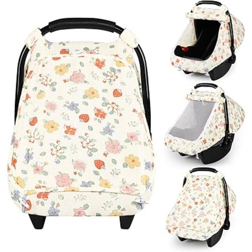 Muslin Car Seat Cover Baby, Breathable Baby Carseat Cover for Girls Boys, Lightweight Infant Car Seat Cover, Universal Stroller Cover for Sunshade, Baby Essentials for Outdoor in Summer, Floral