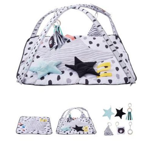 Baby Play Gym Mat with 6 Sensory Toys, Tummy Time Activity Mat with Soft Fabric, for 0–18 Month Infants