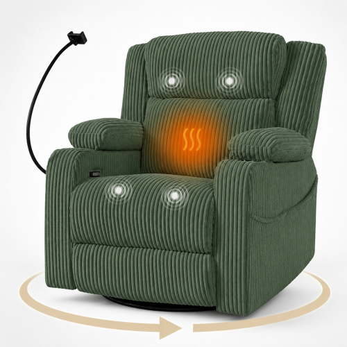 LITVZ Oversized Power Swivel Rocker Recliner with Adjustable Headrest for Adults, Nursery Rocking Chairs with Massage and Heat, USB A&C Ports, Armrest Storage, Cup Holder for Living Room, Green