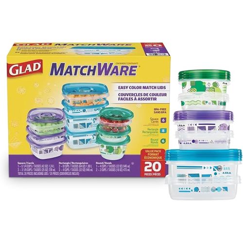 Glad GladWare MatchWare Food Storage Containers with Lids, BPA Free Reusable Plastic 20 Piece Variety Pack for Lunches, Meal Prep, and Leftovers, Leak Resistant, Microwave and Dishwasher Safe