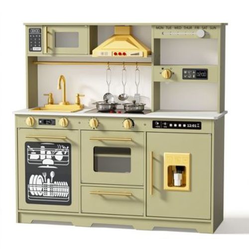 Kinder King Wooden Play Kitchen for Kids with Sink, Interactive Stove, Ice Maker, Microwave, Oven & Dishwasher, Ages 3+, Green