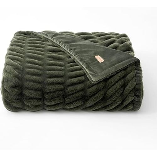 EVERGRACE Luxurious Soft Faux Rabbit Fur Throw Blanket, Cozy Fuzzy Plush Warm Throws for Couch Bed Sofa Chair Home Decor, Ruched Bubble Fluffy Blanket with Reversible Velvet, 60" x 80", Loden Green