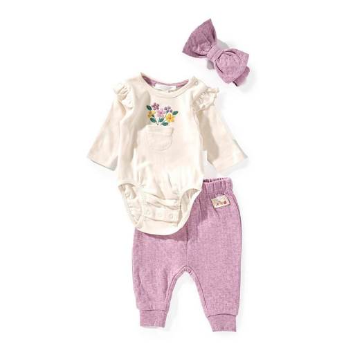 Purebaby Baby Girls Organic Cotton Long-Sleeve Floral-Embroidered Bodysuit & Jogger Pant Set