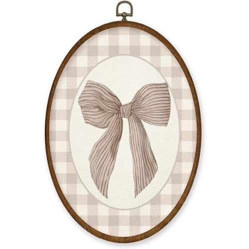 WULQYING Vintage Coquette Bow Girl Nursery Wall Art Decor, Preppy Oval Framed Canvas Art Prints, Neutral Gingham Girly Wall Hanging Decor for Toddler Girls Nursery Room Bedroom, 8.6x11.4 Inches