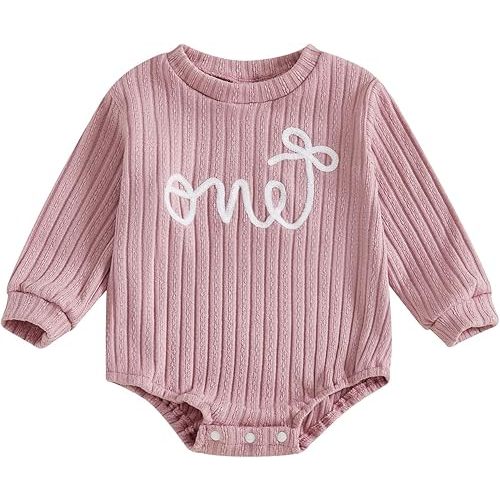 VISGOGO Baby Boy Girl 1st Birthday Outfit One Birthday Embroidery Waffle Romper Sleeveless Oversized Jumpsuit One Year Old