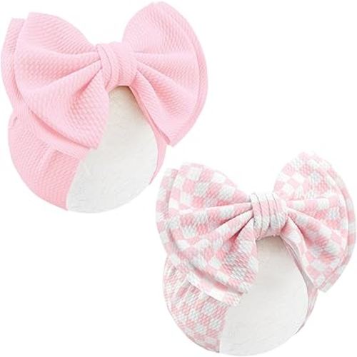 YanJie 2PCS 7’’ Light Pink Bows for Baby Girls Checkered Headband Double Layered Bow Infants Toddler Hair Accessories Newborn Headbands Baby Clothes