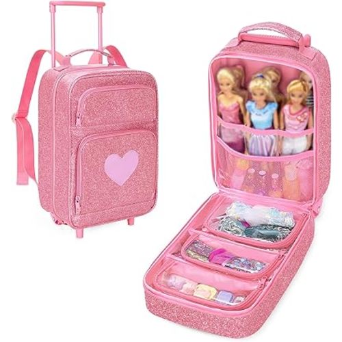 LoDrid Travel Backpack Compatible with Dolls 12-inch, Doll Carrying Case with Wheels, Suitcase Storage Organizer with Multiple Pockets for Doll Clothes and Accessories, Pink, Bag Only