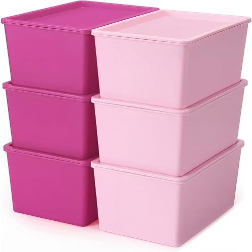 6 Pcs Small Plastic Storage Bins with Lids,Pink Series